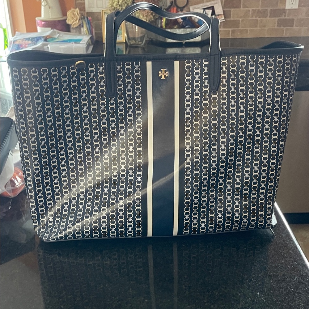 Tory Burch Navy and White Patterned Tote